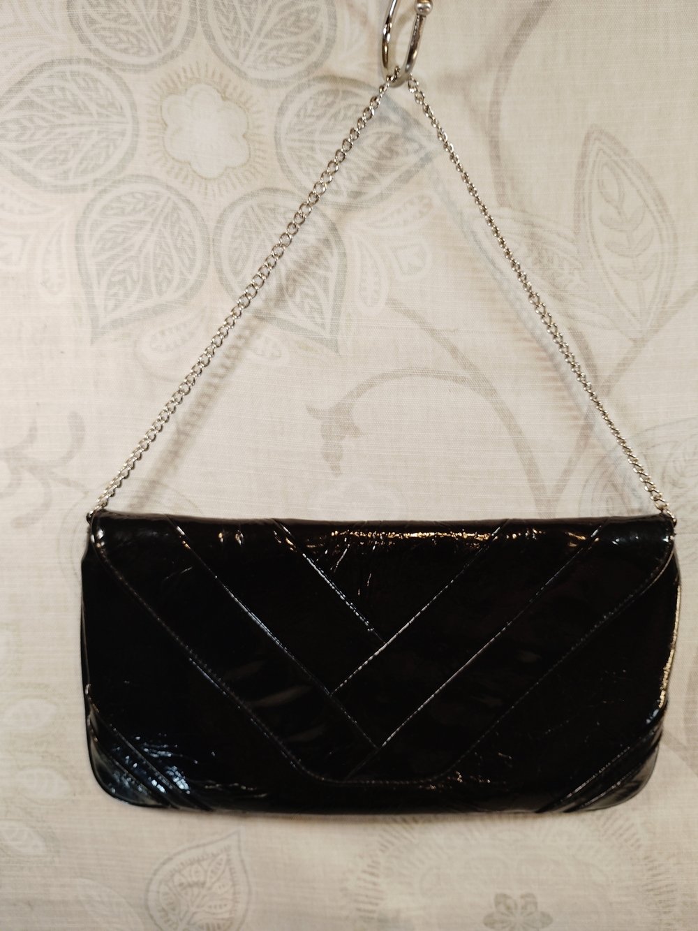Daisy Fuentes Black Patent Quilted Shoulder Bag with Silver Chain